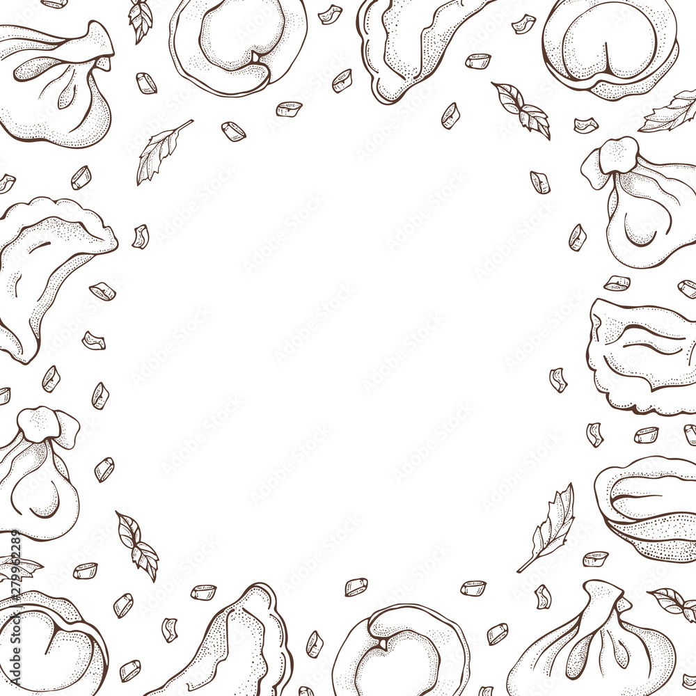 Vector background of dumplings with spice. Sketch hand drawn Ravioli. Vareniki. Pelmeni. Meat dumplings. Food. Cooking. National dishes. Products from the dough and meat. For restaurant menu, cards Vector background of dumplings with spice. Sketch hand drawn Ravioli. Vareniki. Pelmeni. Meat dumplings. Food. Cooking. National dishes. Products from the dough and meat. For restaurant menu, cards