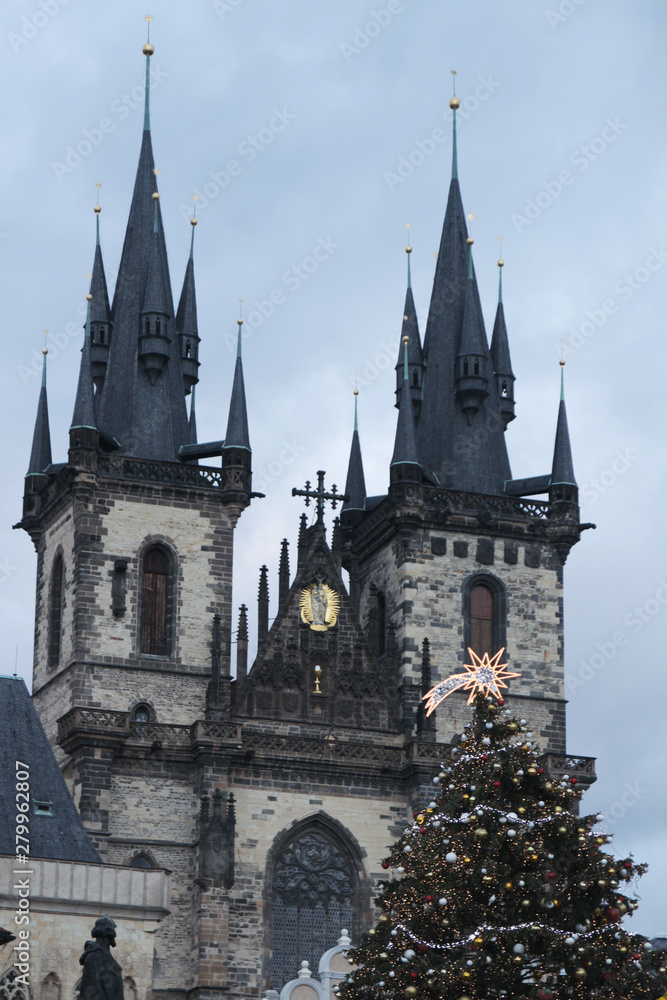 The Tyn Cathedral, Prague, and a decorated Christmas tree	