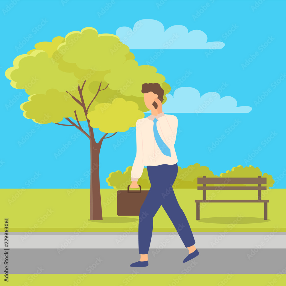 Man talking on the phone, worker character wearing suit, going on road in park, portrait view of employee with handbag, person communication outdoor vector Man talking on the phone, worker character wearing suit, going on road in park, portrait view of employee with handbag, person communication outdoor vector