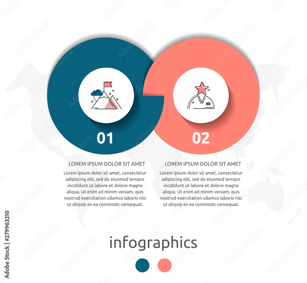 Modern flat vector illustration. Circular infographic template with two elements. Icons and text. Designed for business, presentations, web design, applications, interfaces, diagrams with 2 steps