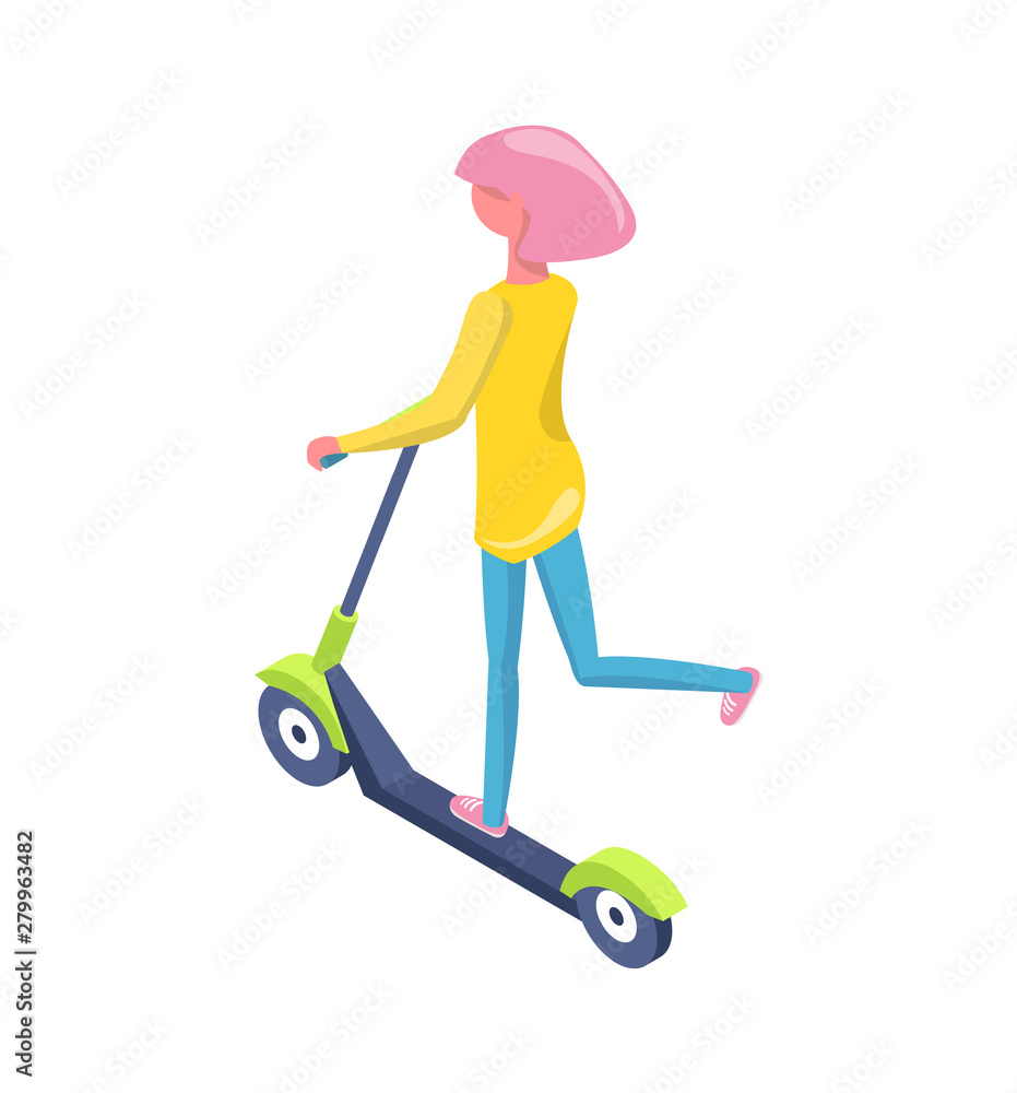 Women driving scooter, person on eco transport, back view. recreation vehicle, footboard mounted on two wheels and long steering handle isolated Women driving scooter, person on eco transport, back view. recreation vehicle, footboard mounted on two wheels and long steering handle isolated