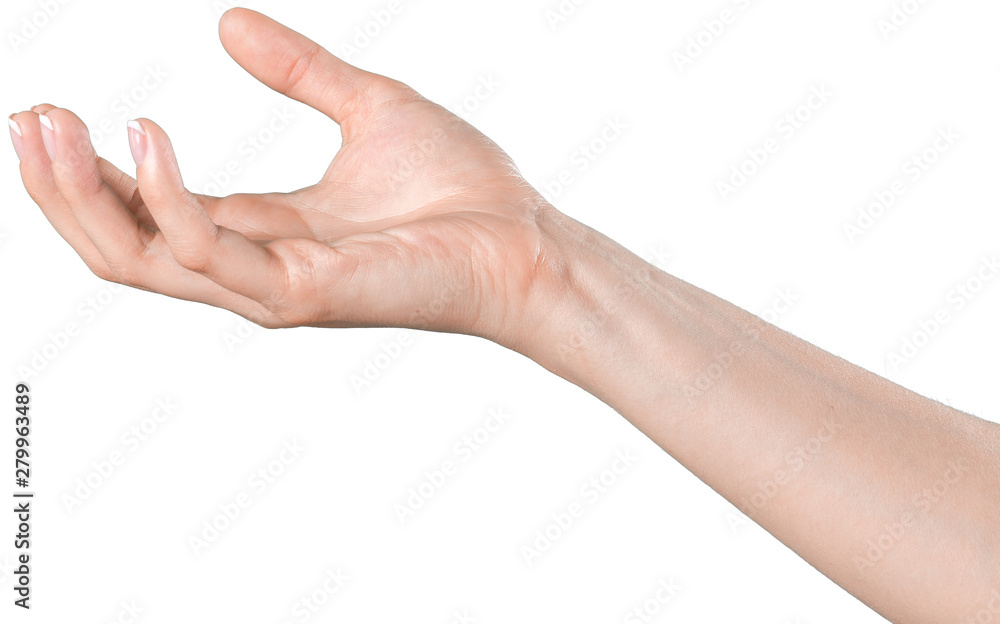 Female hand isolated on white background. White woman's hand showing symbols and gestures Female hand isolated on white background. White woman's hand showing symbols and gestures