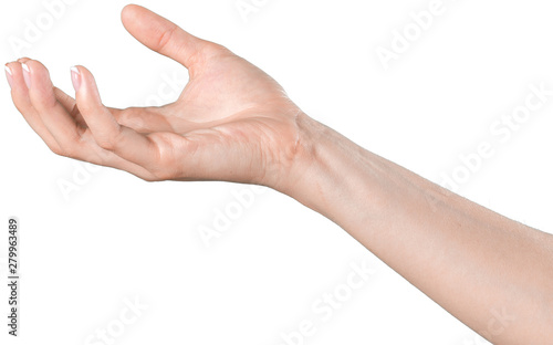 Female hand isolated on white background. White woman's hand showing symbols and gestures