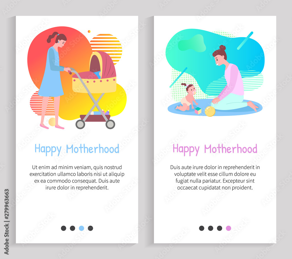 Kid in diaper sitting on floor, mother playing with baby, parent walking with buggy, mom and baby, happy motherhood, family or maternity vector. Website or slider app, landing page flat style Kid in diaper sitting on floor, mother playing with baby, parent walking with buggy, mom and baby, happy motherhood, family or maternity vector. Website or slider app, landing page flat style