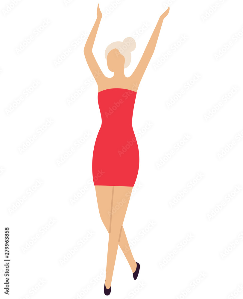 Sexy girl dancer on dance floor in mini red dress isolated cartoon character.  Vector blond lady with hands up entertain at disco club, woman on party  Stock Vector | Adobe Stock