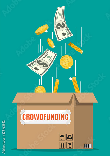 Cardboard box and money. Funding project by raising monetary contributions from people. Crowdfunding concept, startup or new business model. Vector illustration in flat style