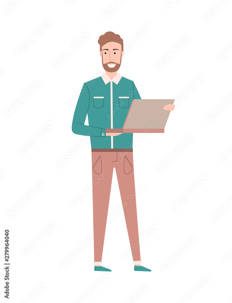 Male programming on laptop vector, person with computer and information on sites isolated bearded man. Manager of company, director boss flat style