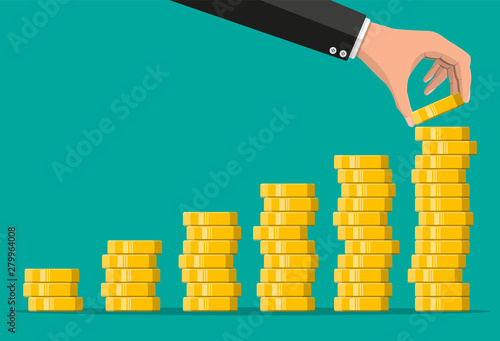 Stack of gold coins and hand. Golden coin with dollar sign. Growth, income, savings, investment. Symbol of wealth. Business success. Flat style vector illustration.