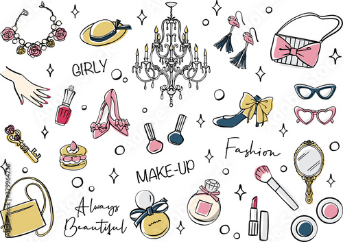 Cosmetics and Fashion accessories set. Hand drawn vector illustration.