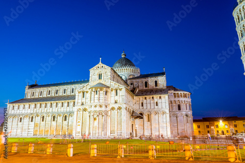 Pisa Cathedral and leaning tower of Pisa Italy at night