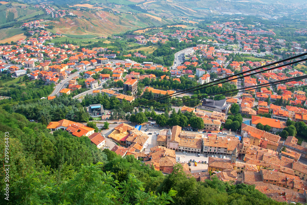 View of San Marino from the height of the Funicular. cable car in San Marino