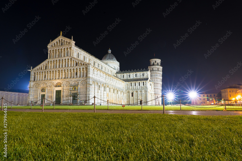 Pisa Cathedral and leaning tower of Pisa Italy at night