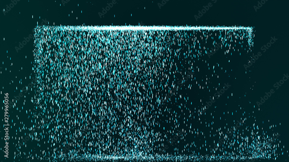 The blue background with small blue dust particles glowing, flowing like raindrops or water curtain boxes.
