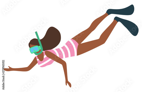 Woman snorkeling in diving mask isolated. Vector female with tube going to dive, underwater floating person in swimsuit and flippers, striped bikini