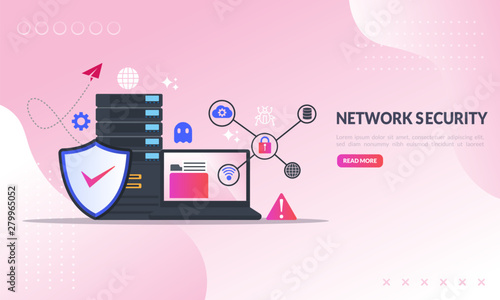 Network security concept, Database secure and personal data protection, Traffic Encryption, VPN, Privacy Protection, Antivirus Technology, flat icon, suitable for web landing page, banner, vector