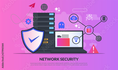 Network security concept, Database secure and personal data protection, Traffic Encryption, VPN, Privacy Protection, Antivirus Technology, flat icon, suitable for web landing page, banner, vector