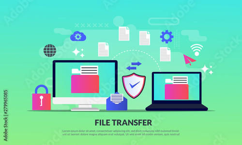 file transfer concept, sharing files between devices with folders on screen and transferred documents, Backup files, flat icon,suitable for web landing page, banner, vector template