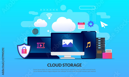 Cloud storage technology concept, Secure data upload and download, Hosting network service or online database storage system, flat icon,suitable for web landing page, banner, vector template