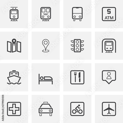 Travel universal line icons set. linear style symbols collection, outline signs pack. vector graphics. Set includes icons as train, plane, transportation, taxi car, cruise ship, hotel, hospital, map