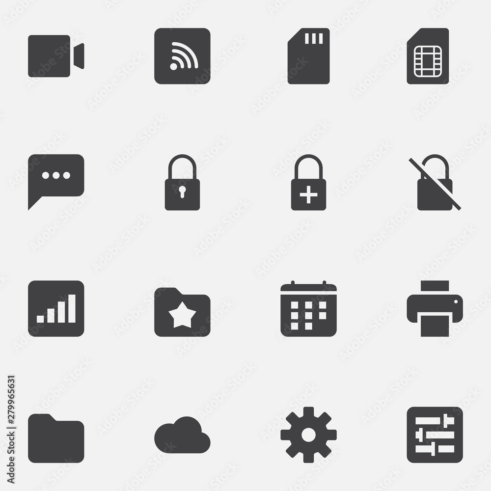 UI and UX, universal vector icons set, modern solid symbol collection, filled style pictogram pack. Signs, logo illustration. Set includes icons as phone card, lock, folder, calendar, printer, cloud UI and UX, universal vector icons set, modern solid symbol collection, filled style pictogram pack. Signs, logo illustration. Set includes icons as phone card, lock, folder, calendar, printer, cloud