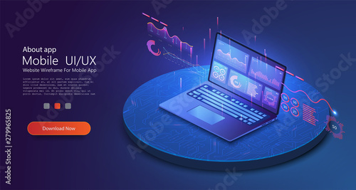 Application of laptop with business graph and analytics data on isometric laptop . Analysis trends and financial strategy by using infographic chart. Online statistics and data Analytics. Vector 