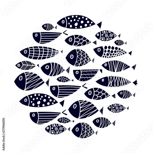 Cute fish card. Around motif with fish. Black illustration.