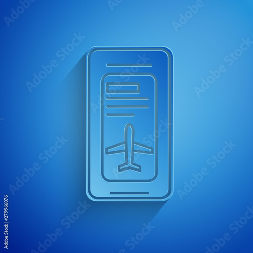 Paper cut Smartphone with electronic boarding pass airline ticket icon isolated on blue background. Passenger plane mobile ticket for web and app. Paper art style. Vector Illustration