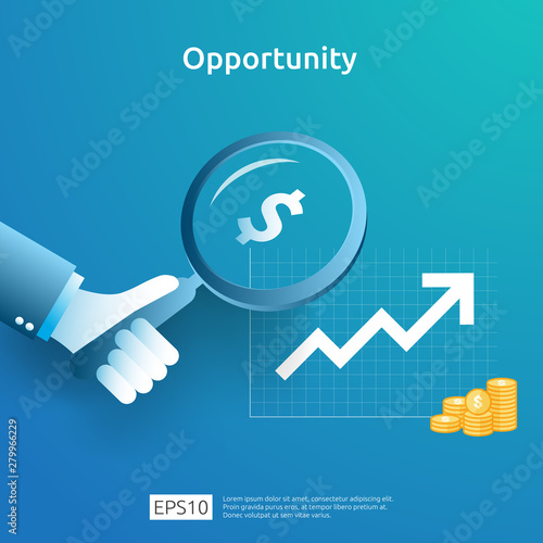 business idea analytic and opportunity research concept with increase growth graphic chart and magnifying glass on hand. Finance performance of return on investment ROI illustration with arrow element