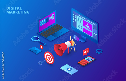 Digital marketing design concept with computer, hand speaker and smartphone. Isometric vector illustration on a dark blue backgound. Landing page template for web.