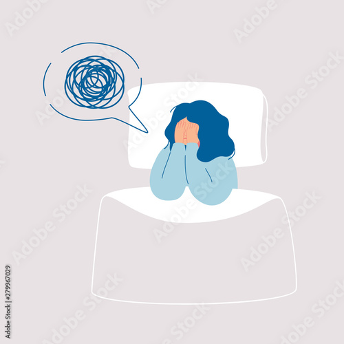 Girl in depression has confused thoughts in her mind at night, covering her face with her hands.Tired woman suffer from insomnia, sleeplessness, sleep disorder, nightmare.Vector illustration in flat