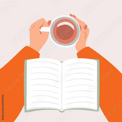 Top view female hands holding a Cup of coffee or tea and an open book is on hands. Cozy autumn concept in flat cartoon style. 