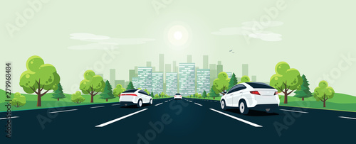 Traffic on the highway panoramic perspective horizon vanishing point view. Flat vector cartoon style illustration urban landscape street with cars, skyline city buildings and road going to the city.
