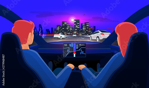 Couple in self-driving autonomous smart driverless electric car on highway to city. Man and woman inside car interior on road trip in traffic jam on autopilot. Dashboard display no hands on steering.