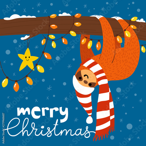 Vector Merry Christmas card with cute funny sloth