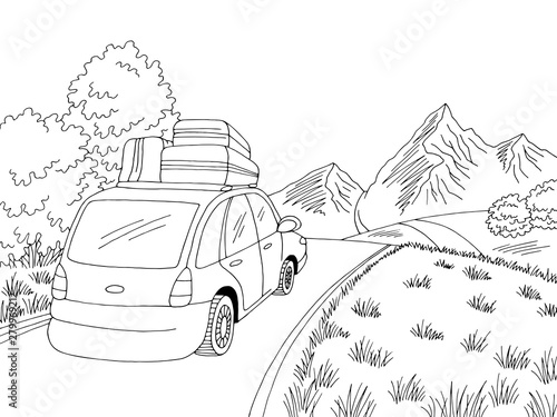 Car travel road graphic black white landscape sketch illustration vector