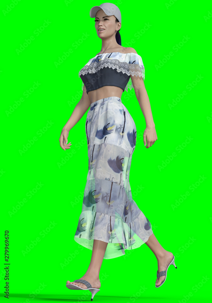 Beautiful young woman in a summer top and skirt with a baseball cap goes and smiles 3d render