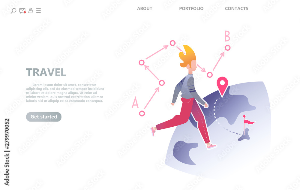 Character walks around the planet, the concept of spontaneous travel. Isolated vector illustration for business landing page template Character walks around the planet, the concept of spontaneous travel. Isolated vector illustration for business landing page template
