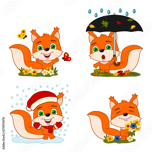 Set of funny squirrel in different seasons - summer, autumn, winter, spring - isolated on white background