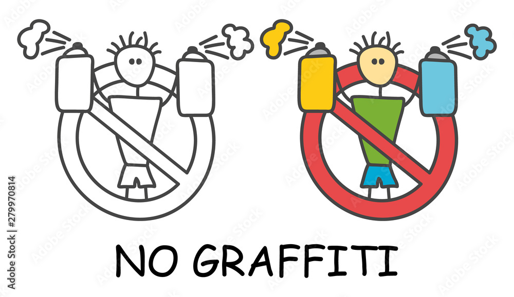 Funny vector stick man with a spray in children's style. No graffiti no aerosol sign red prohibition. Stop symbol. Prohibition icon sticker for area places. Isolated on white background.