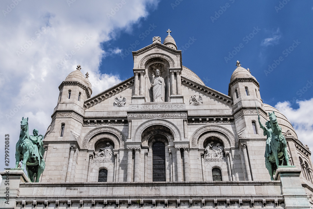 Detail of Paris Basilica Sacre Coeur at the top of Montmartre - Roman Catholic Church and minor basilica, dedicated to Sacred Heart of Jesus. Paris, France.