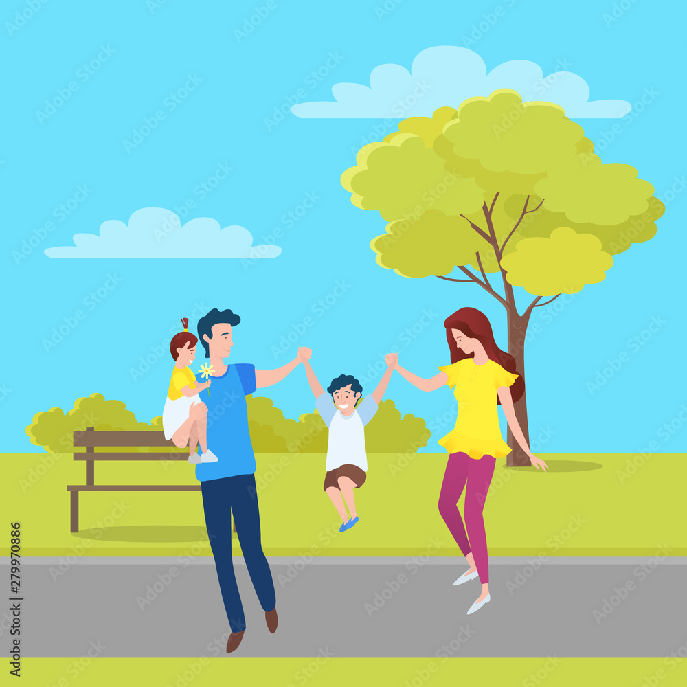 Happy family, mother, father and children walking together in green forest, springtime scenery landscape. Vector cartoon people, mom and dad, daughter and son Happy family, mother, father and children walking together in green forest, springtime scenery landscape. Vector cartoon people, mom and dad, daughter and son