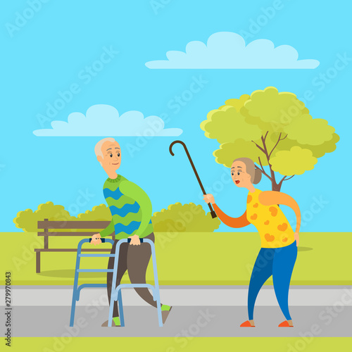 Elderly man going with walker, pensioner woman walking with wand, retirement people in park, green nature and bench, aged person with cane vector