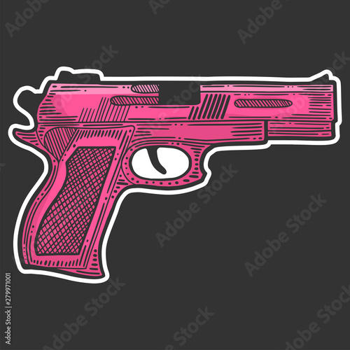 Pistol, firearm for protection. Vector in doodle and sketch style.