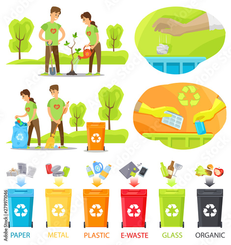 People caring for nature vector, volunteering man and woman with bags for garbage, bins with signs of recycling, sorting of disposal ewaste and paper. Volonteers in park