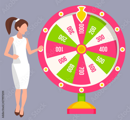 Lady gambler twisting fortune wheel with numbers, business success. Female winning money, gambling machine and jackpot, casino equipment, prize vector