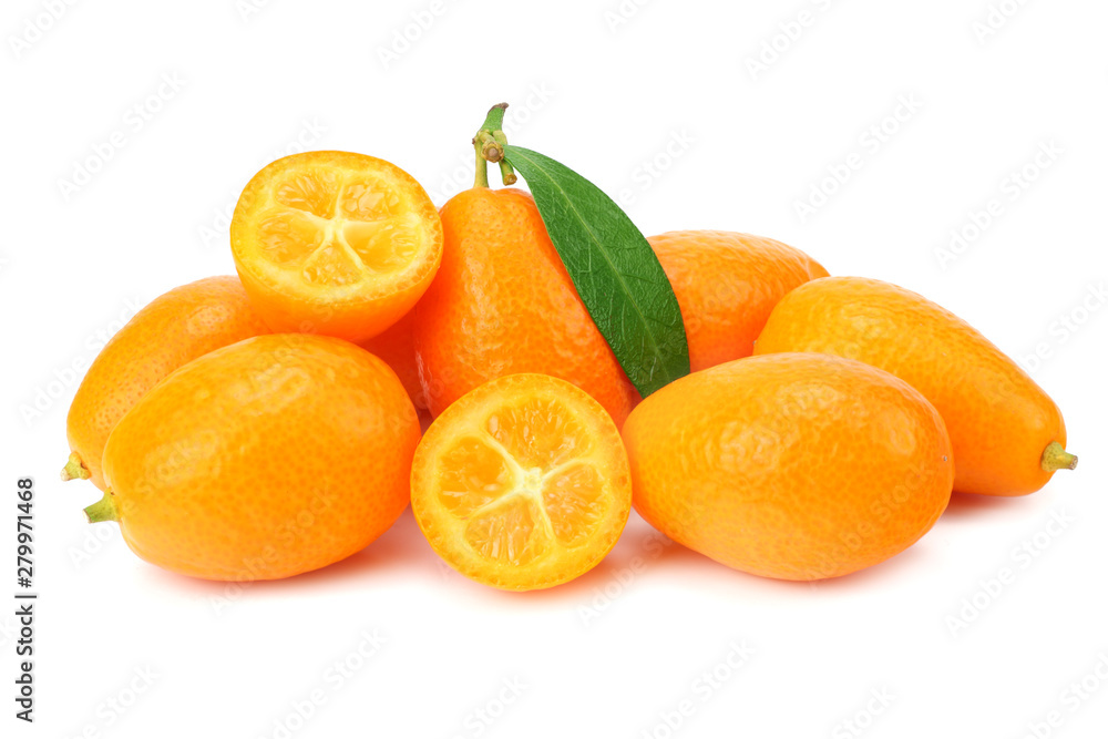 Cumquat or kumquat with slices and leaves isolated on white background Cumquat or kumquat with slices and leaves isolated on white background