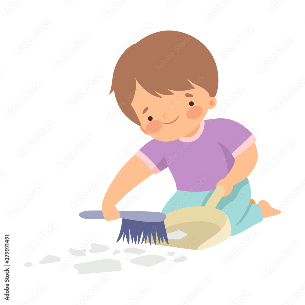 Cute Boy with Brush and Dustpan Sweeping Garbage, Adorable Kid Doing Housework Chores at Home Vector Illustration Cute Boy with Brush and Dustpan Sweeping Garbage, Adorable Kid Doing Housework Chores at Home Vector Illustration