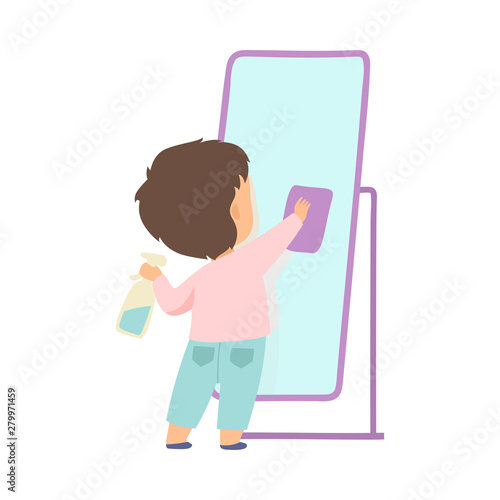 Cute Little Boy Cleaning Mirror By Rag, Adorable Kid Doing Housework Chores at Home Vector Illustration