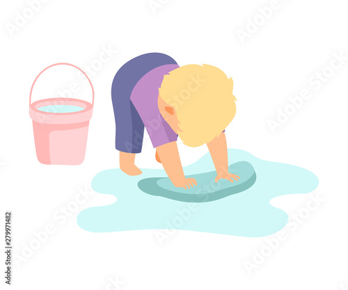 Cute Little Boy Washing Floor with Rag and Bucket, Adorable Kid Doing Housework Chores at Home Vector Illustration