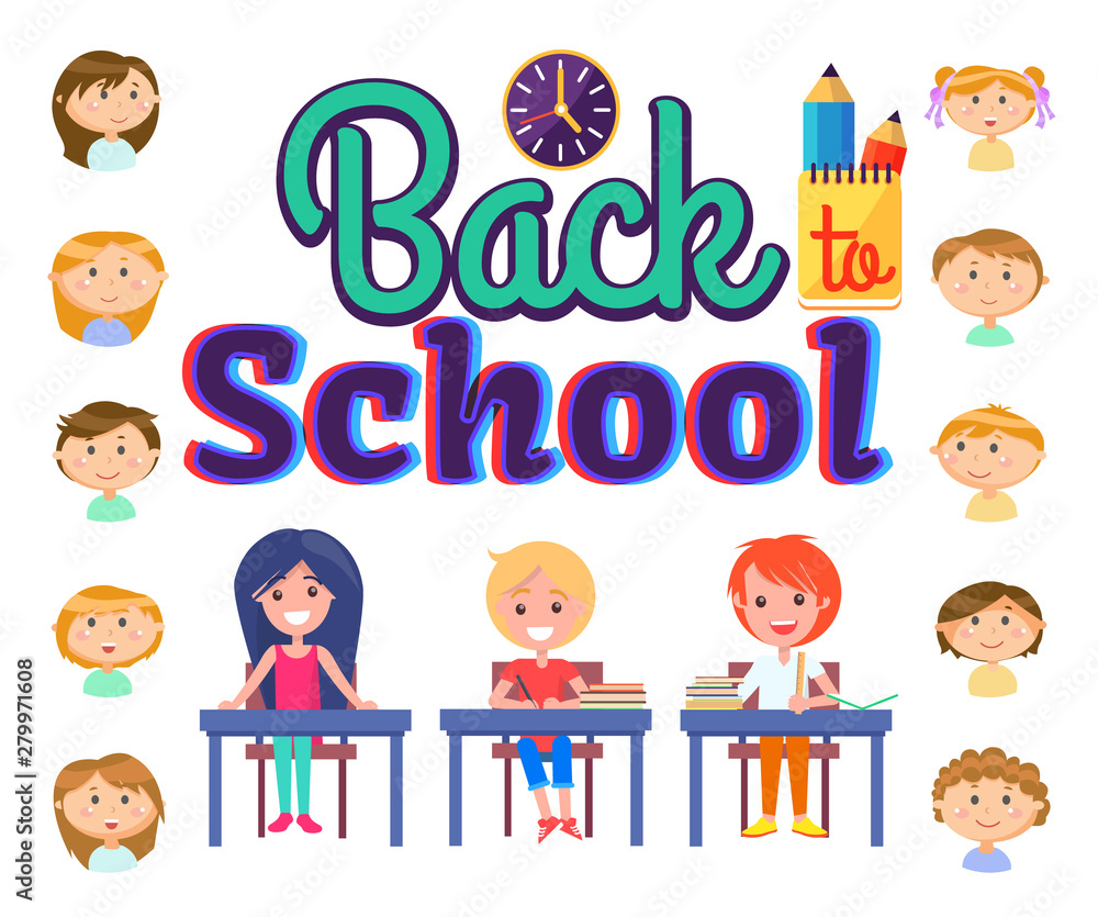 Pupils sitting at table with books, back to school letters isolated on white, smiling face of girls and boys, pencil and notebook, education cover vector Pupils sitting at table with books, back to school letters isolated on white, smiling face of girls and boys, pencil and notebook, education cover vector